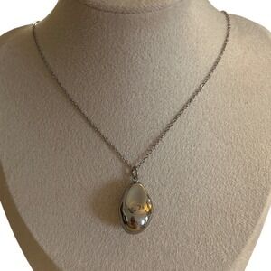 Sculptural Silver Bean Pendant Necklace - Minimalist Organic Teardrop Design